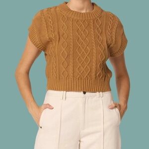 Cleobella Mustard Cable Knit Short Sleeve Crewneck Sweater
